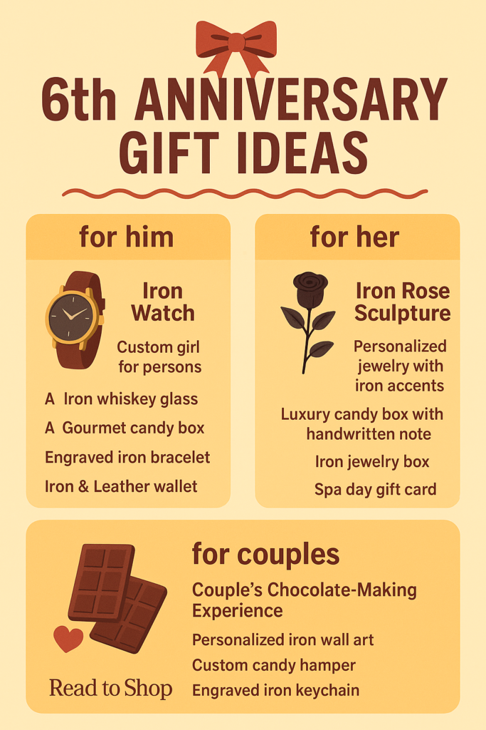 6th Anniversary Gift Ideas for Him, Her & Couples infographics